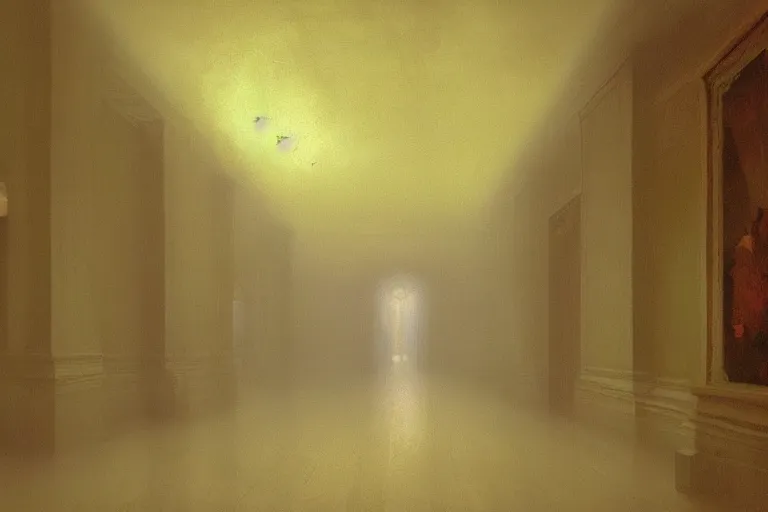 Image similar to A highly detailed hallway liminal space by Ivan Aivazovsky and Nicholas Roerich, impressionistic brushwork, silent hill aesthetic