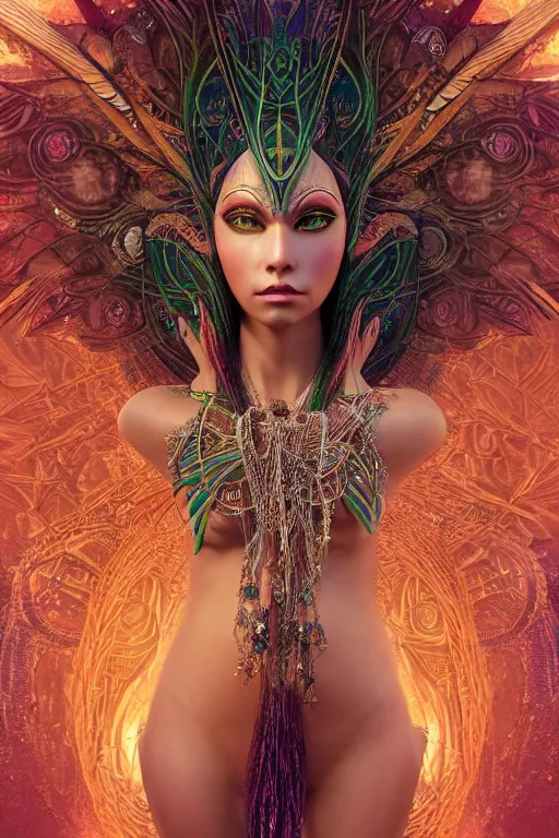 Image similar to a centered render of a single alluring mystical tribal goddess adorned with feathers and gemstones and cables and synthesizer parts is surrounded by sacred geometry made from elven architecture, full body, gorgeous, perfect face, powerful, cinematic, beautifully lit, by artgerm, by karol bak, 3 d, trending on artstation, octane render, 8 k