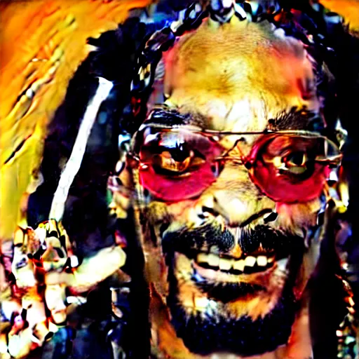 Image similar to Snoop Dog with big eyes eye color red , smiling and holding a joint in his hand