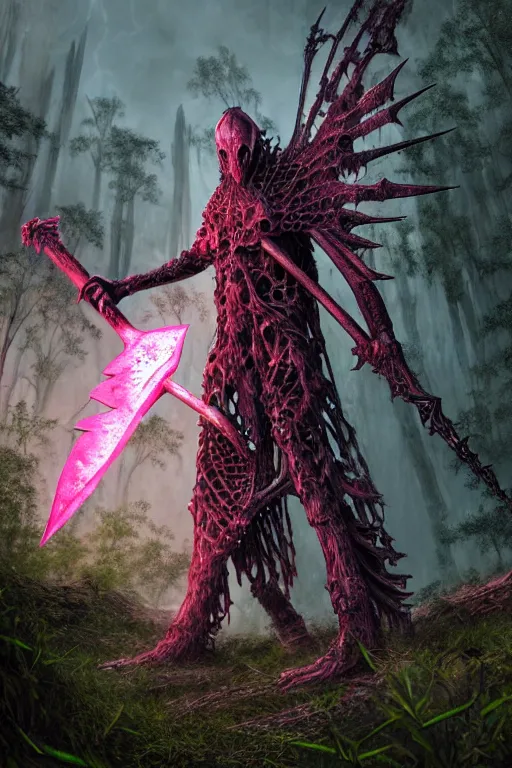 Image similar to post - gothic giant banshee, exoskeleton armor, attacking with axe, dystopian ruins covered in vegetation, highly detailed smooth digital art masterpiece, vitaly bulgarov giger dramatic dark pink light, ground angle hd 8 k, sharp focus