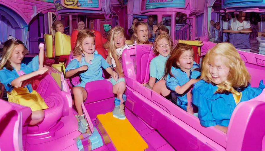 Prompt: 1990s photo of inside the Polly Pocket ride at Universal Studios in Orlando, Florida, children riding through a life size Polly Pocket , cinematic, UHD