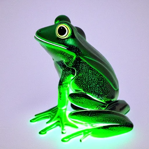 Image similar to A frog made of high-tech metal with green neon lights, highly-detailed, accurate, 3D render