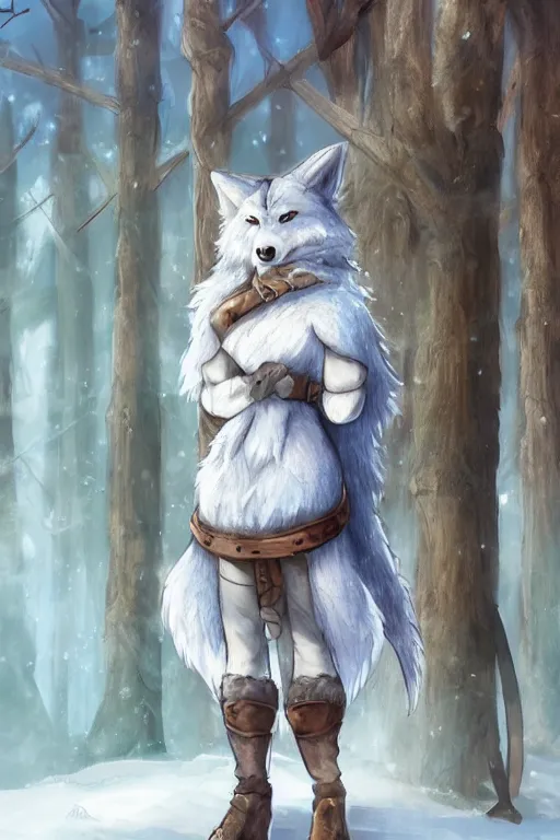 Prompt: an anthropomorphic medieval snow wolf with a fluffy tail in the forest, trending on artstation, trending on furaffinity, digital art, by kawacy, anime, furry art, warm light, backlighting