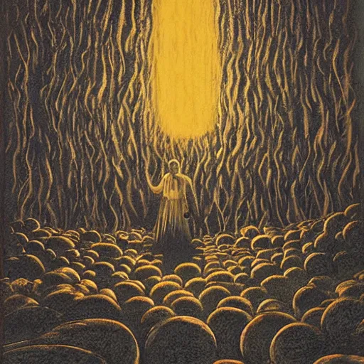 Image similar to A beautiful art installation of a small figure standing in the center of a dark, foreboding landscape. The figure is surrounded by strange, monstrous creatures, and there is a feeling of unease and dread. 1960s by Al Feldstein, by Frederick Lord Leighton spontaneous, muted