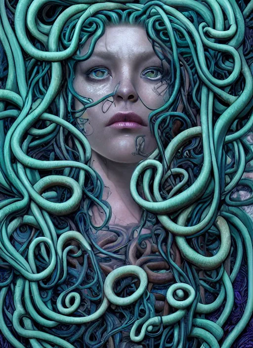 Image similar to medusa with tentacle hair, wooden art nouveau swirls, strong subsurface scattering, cables, tubes, subsurface scattering, in the style of james jean and tomasz alen kopera and giger, subsurface scattering, mystical colors, rim light, soft lighting, 8 k, stunning scene, raytracing, octane render, trending on artstation