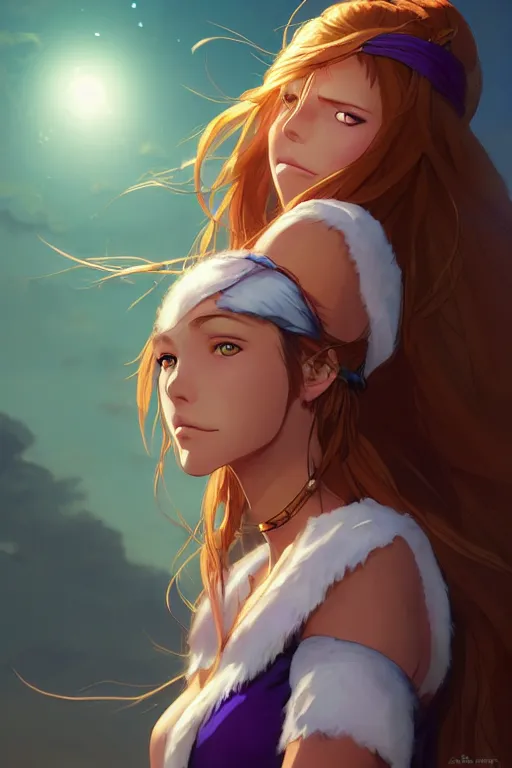 Image similar to long ginger hair, tanned woman in a prehistoric outfit, green eyes, by artgerm, hair tied in a ponytail, white backdrop, soft lighting, blue and purple colors, by greg rutkowski makoto shinkai takashi takeuchi