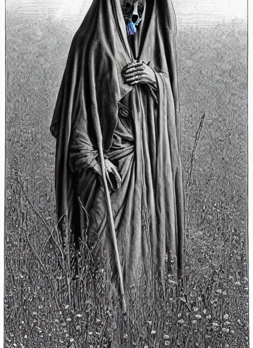 Image similar to portrait of faceless grim reaper with veil over face at distance in beautiful meadow of flowers, detailed pencil illustration by gustave dore, highly detailed, centered, high resolution, smooth, sharp focus, illustration