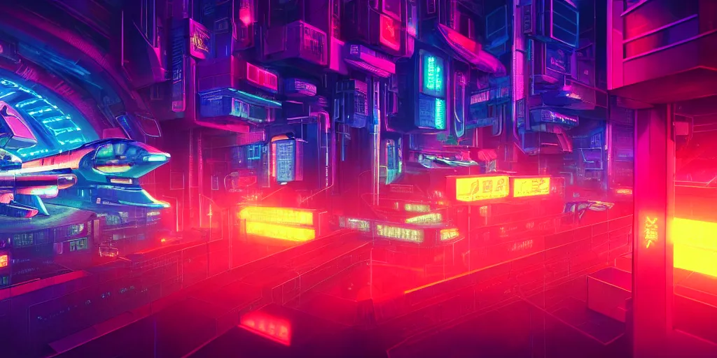 Prompt: isometric room of alien factory exploding at night in the center of a futuristic sci-fi asian city, signboards, neon lights, blade runner color palette, dramatic volumetric lighting, greeble details, rendered in octane render by Yasunari Ikenaga, Yamato, Macross