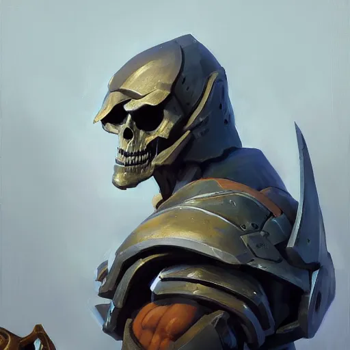 Image similar to greg manchess portrait painting of partially armored powerful skeletor overwatch character, medium shot, asymmetrical, profile picture, organic painting, sunny day, matte painting, bold shapes, hard edges, street art, trending on artstation, by huang guangjian, gil elvgren, ruan jia, greg rutkowski, gaston bussiere