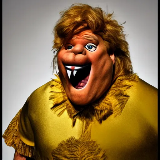 Image similar to snl chris farley as the cowardly lion of oz, studio poster photography, trending on artstation, featured on deviantart, award winning costume