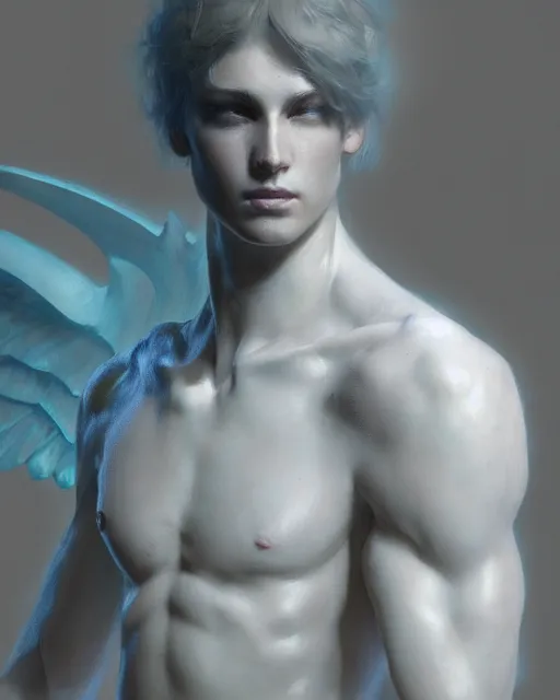 Prompt: young male angel by ruan jia, artstation, volumetric lighting, perfect, high detail