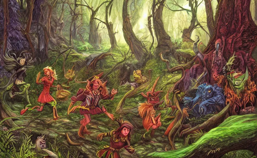 Image similar to a scene of elves running through a clearing in a dark fantasy forest surrounded by darkness and colorful cartoon monsters. hyperrealist illustration. muted colors. 1 9 7 0's pulp science fiction and fantasy cartoon for alice in wonderland and wizard of oz. highly detailed and richly colored painting by don ivan punchatz and basil gogos. trending on artstation