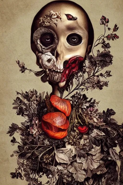 Prompt: Detailed maximalist portrait a with large lips and with large eyes, exasperated expression, botanical skeletal with extra flesh, HD mixed media collage, highly detailed and intricate, surreal illustration in the style of Caravaggio, dark art, baroque