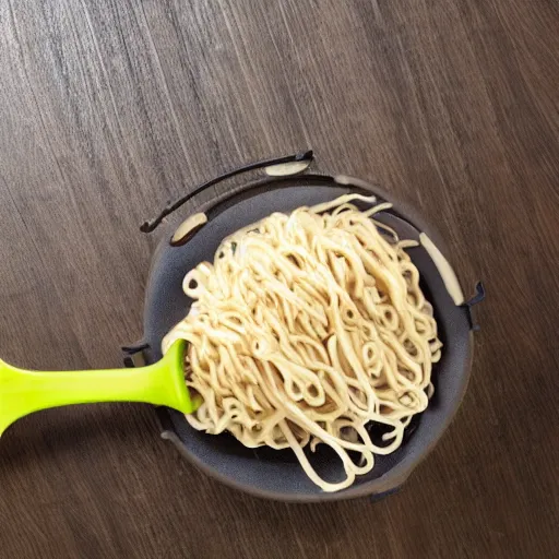 Prompt: the fan sucks noodles onto the blades