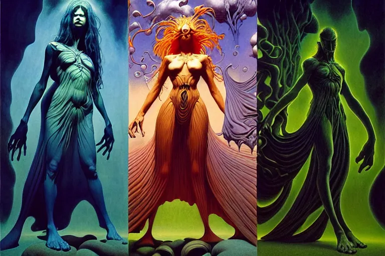 Prompt: the female arcanist and the male artificer by joe jusko and roger dean and brom and zdzisław beksinski and greg staples and wayne barlowe, beautiful, flowing magical robe, highly detailed, hyperrealistic, intricate, energy, electric, blue flame, low light, green crystal, high contrast, submissive, lifelike