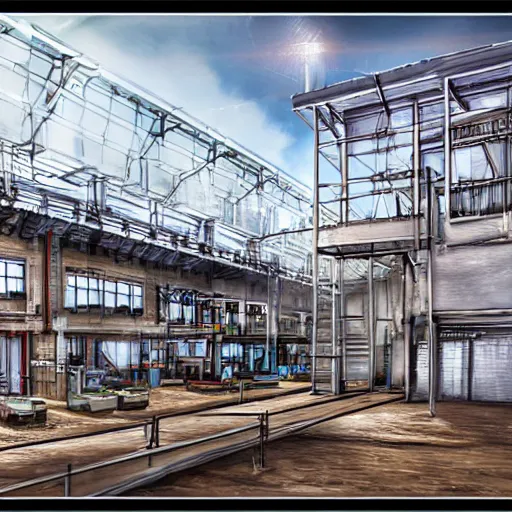 Image similar to detailed factory, digital art, wimmelbilder