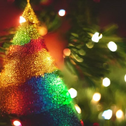 Image similar to rainbow lorakeets in a christmas tree, sparkling light, christmas lights, vaseline lens, sacred golden light, nostalgia