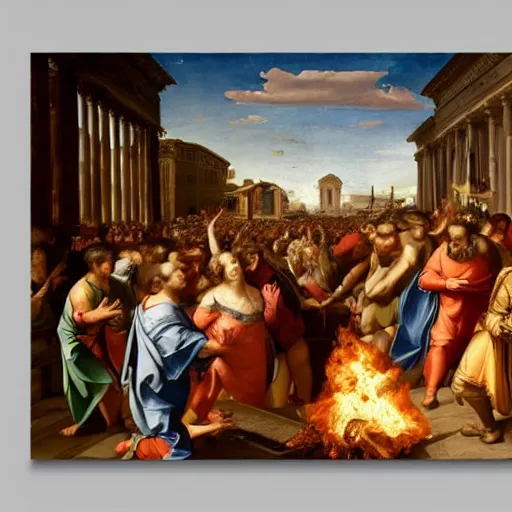 Image similar to renaissance painting of nero setting rome on fire, ultra details, old master painting, 8 k