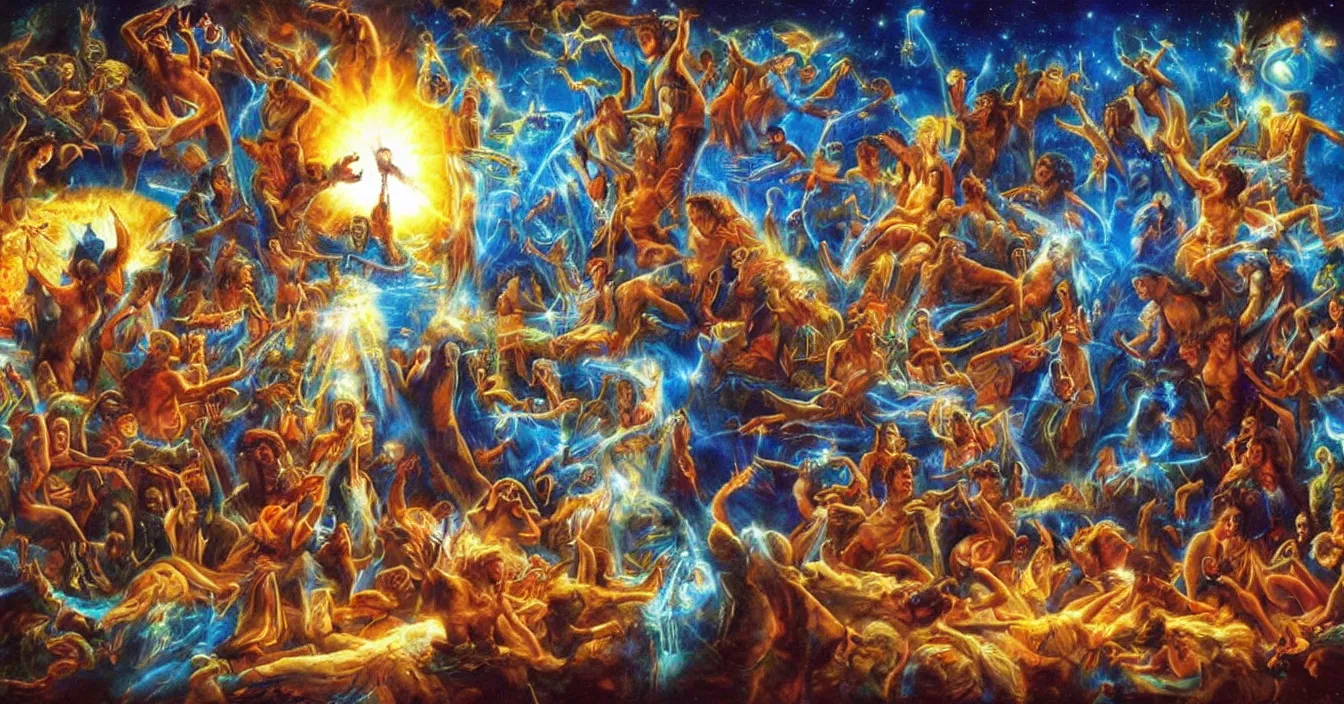 Prompt: Human egos are trapped in the illusion of physical reality, sitting in a movie theater, watching the light of consciousness project their lives onto a giant screen, realistic image full of sense of spirituality, life meaning, meaining of physical reality, happy atmosphere, by Jeff Easley