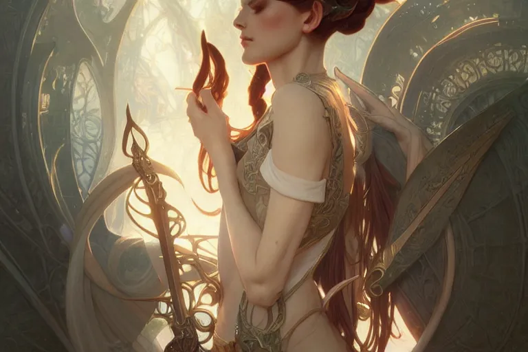 Image similar to the righteous female elf, deep focus, intricate, elegant, highly detailed, digital painting, artstation, concept art, matte, sharp focus, illustration, art by artgerm and greg rutkowski and alphonse mucha