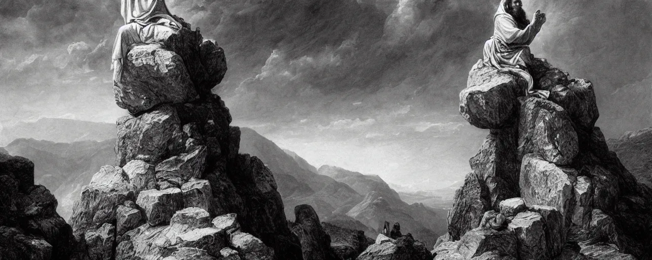 Prompt: medium shot of moses on top of a mountain holding up in the air two stone tablets, people below the mountain looking at him, photorealistic, highly detailed, texture, soft light, dramatic, moody, ambient, painting by gustave dore
