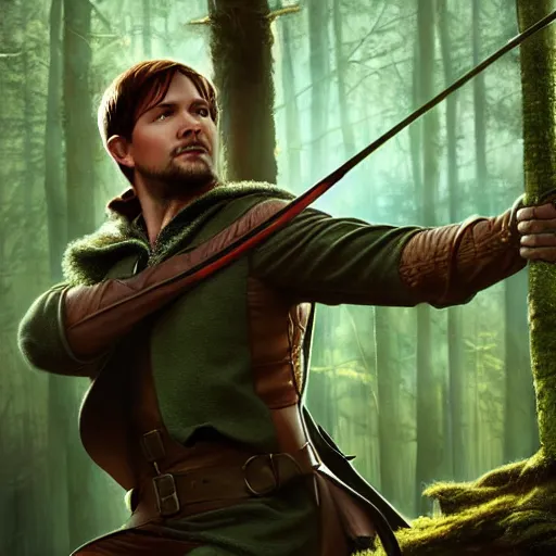 Prompt: Robin Hood with long bow in a forest, 4k, artstation, cgsociety, award-winning, masterpiece, stunning, beautiful, glorious, powerful, fantasy art