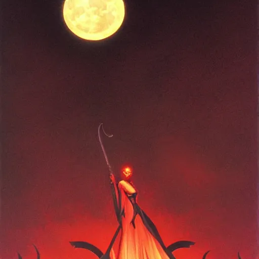 Prompt: Huge, looming silhouette of a sharp scythe above a gothic moonlit city, endless darkness surrounding, haunting, art by Gerald Brom