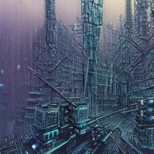 Prompt: photo of a futuristic city made of electronic components by hr giger and zdzislaw beksinski. Very detailed 8k