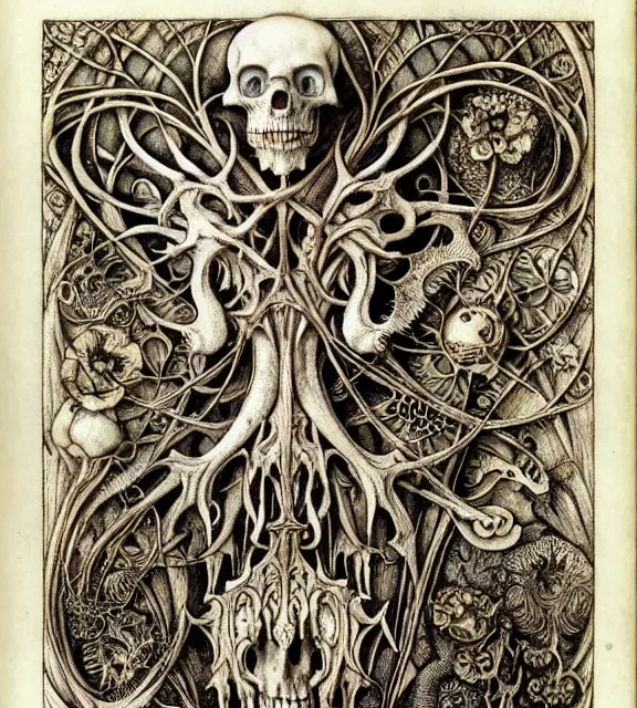 Image similar to memento mori by arthur rackham, art forms of nature by ernst haeckel, exquisitely detailed, art nouveau, gothic, ornately carved beautiful skull dominant, intricately carved antique bone, art nouveau botanicals, ornamental bone carvings, art forms of nature by ernst haeckel, horizontal symmetry, arthur rackham, ernst haeckel, symbolist, visionary