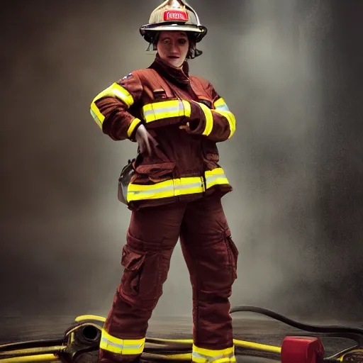 Prompt: full body pose, hyperrealistic photograph of female fireman, dim volumetric lighting, 8 k, octane beautifully detailed render, extremely hyper detailed, intricate, epic composition, cinematic lighting, masterpiece, trending on artstation, very very detailed, stunning, hdr, smooth, sharp focus, high resolution, award, winning photo, dslr, 5 0 mm