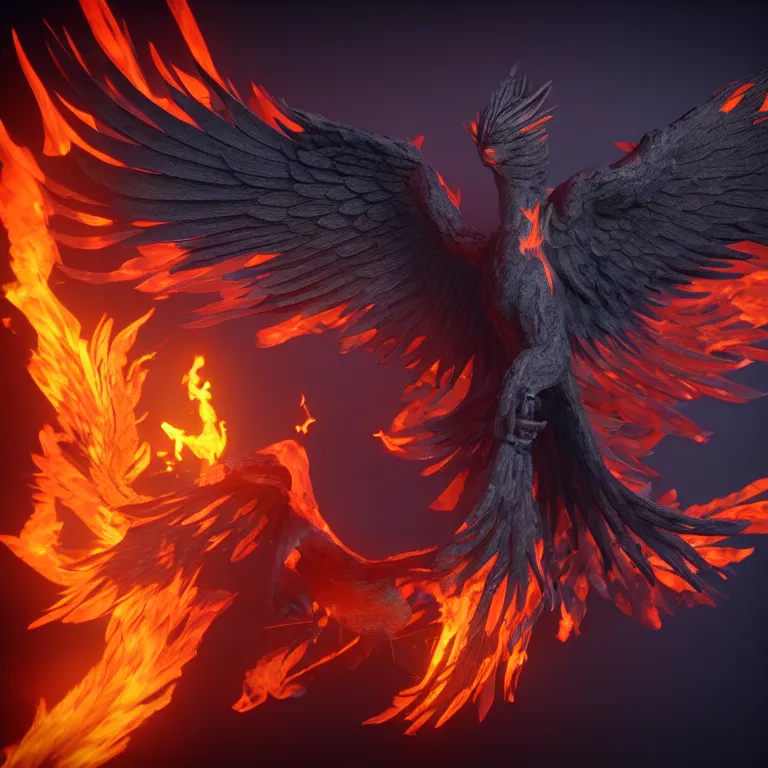 Prompt: phoenix with with flamimg wings, 3 d render, 3 d rendered, hdr, unreal engine 5, ray tracing, dynamic lighting, flame colors, black gradient background, high detail,