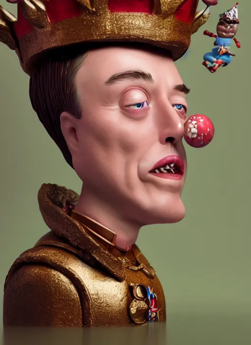 Prompt: closeup face profile portrait of tin toy elon musk as a fairytale prince wearing a crown eating cakes, depth of field, zeiss lens, detailed, symmetrical, centered, fashion photoshoot, by nicoletta ceccoli, mark ryden, lostfish, breathtaking, 8 k resolution, extremely detailed, beautiful, establishing shot, artistic, hyperrealistic, octane render