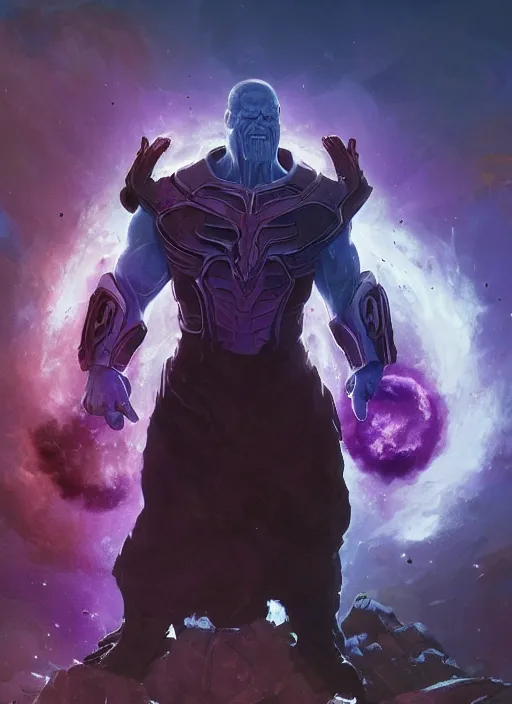 Image similar to Thanos standing in a portal of energy on a post apocalyptic battlefield, grinning emperor of the world, action pose, dramatic lighting, high contrast, cosmic horror, abstract, masterpiece, trending on ArtStation, by Moebius, blizzard concept artists, Greg Rutkovski and by Craig Mullins and by David Cronenberg and by Ismail Inceoglu