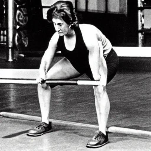 Prompt: Virginia Woolf deadlifting a heavy barbell