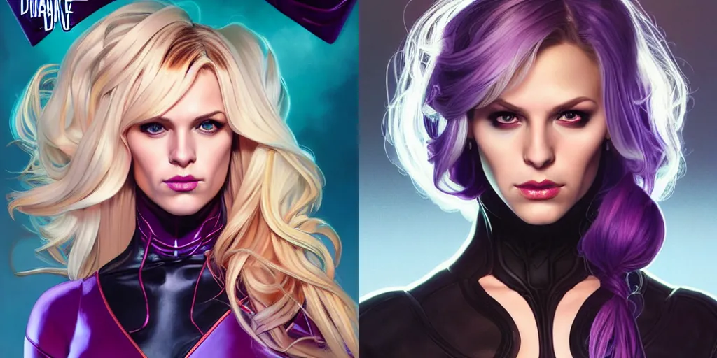 Prompt: character concept portrait, symmetrical head - on centralized, dinah drake, ( ( ( ( thin mask ) ) ) ), blond, black and violet costume. detailed, high quality, dynamic lighting, fantasy. artwork by artgerm, wlop, alex ross, greg rutknowski, alphonse mucha