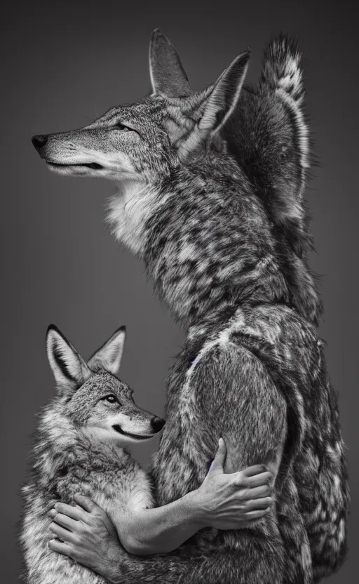 Image similar to Award winning Editorial photo of a Iroquois Native petting a wild coyote by Edward Sherriff Curtis and Lee Jeffries, 85mm ND 5, perfect lighting, gelatin silver process