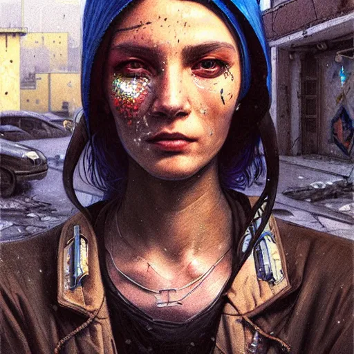 Image similar to A portrait of a cyberpunk thug on the street of a Soviet slum on the moon, Norilsk, sci-fi, fantasy, intricate, very very beautiful, elegant, highly detailed, digital painting, artstation, concept art, smooth, sharp focus, illustration, art by artgerm and greg rutkowski and alphonse mucha