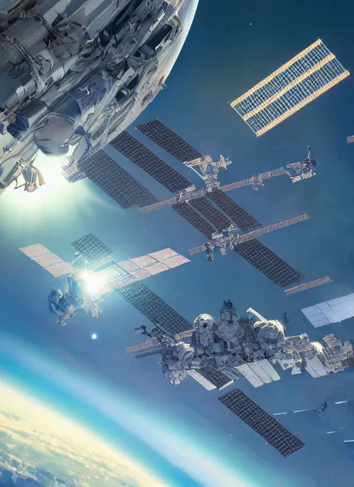 Prompt: closeup hyperdetailed shot of taikonauts cosmonauts and astronauts connecting iss with tiangong space station by ross tran, thierry doizon, craig mullins, ilya kuvshinov, artgerm, edward hopper, dan mumford, wlop, rutkovsky, carl spitzweg, moebius, unreal engine 5, lumen, nanite