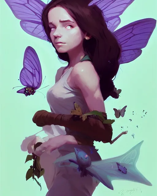 Prompt: hyper - realistic portrait of a fairy rogue with butterfly wings, by atey ghailan, by greg rutkowski, by greg tocchini, by james gilleard, by joe fenton, by kaethe butcher, dynamic lighting, gradient light purple, brown, blonde cream and white color scheme, grunge aesthetic