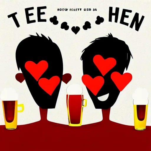 Prompt: two beautiful chad men drinking beer (red hearts), friendship, love, sadness, dark ambiance, concept by Godfrey Blow, featured on deviantart, drawing, sots art, lyco art, artwork, photoillustration, poster art