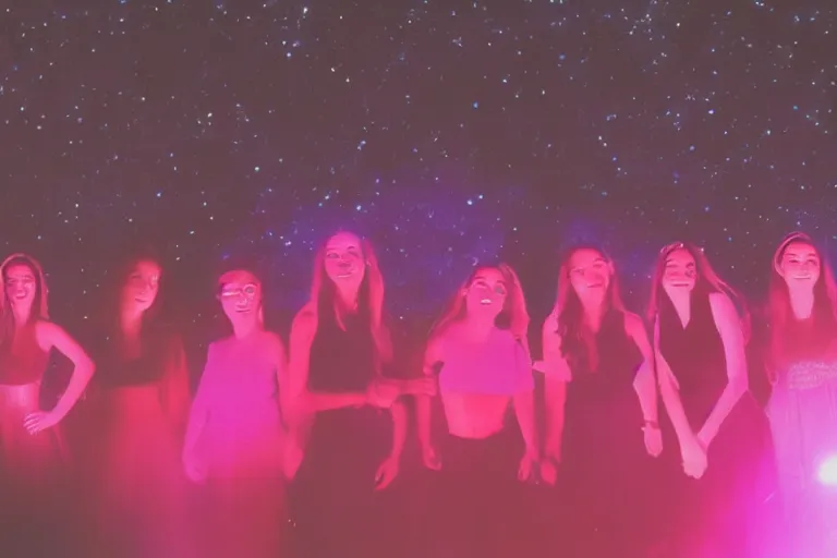 Image similar to blured shadows of dancing young women on pink light, close-up, focused background blue night sky with stars and orange campfire, polaroid photo