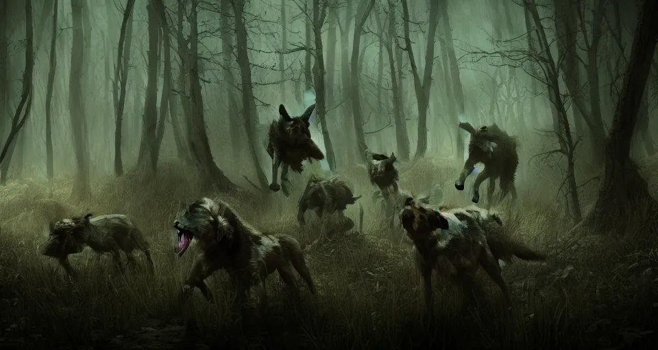 Prompt: an epic action concept masterpiece of a rabid wolfpack, in a forest made of nightmares, inspired by sd ai. horrific digital art, extremely moody lighting