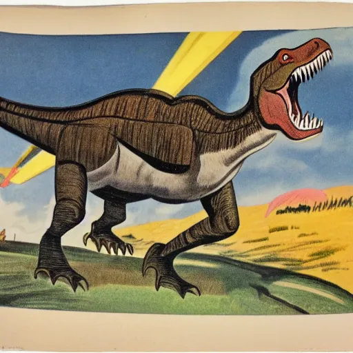 Image similar to 1940s children's book illustration of a Tyrannosaurus rex