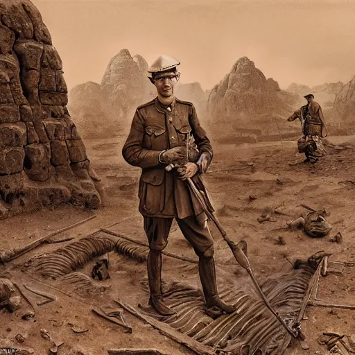 Image similar to ultra detailed photorealistic sepia - toned photograph from 1 9 1 7, a british officer in field gear standing at an archaeological dig site in wadi rum, ultra realistic, painted, intricate details, lovecraft, atmospheric, dark, horror, brooding, highly detailed, by angus mcbride