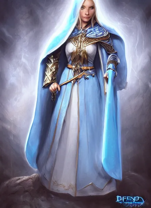 Prompt: light blue cloak female priest, ultra detailed fantasy, dndbeyond, bright, colourful, realistic, dnd character portrait, full body, pathfinder, pinterest, art by ralph horsley, dnd, rpg, lotr game design fanart by concept art, behance hd, artstation, deviantart, hdr render in unreal engine 5