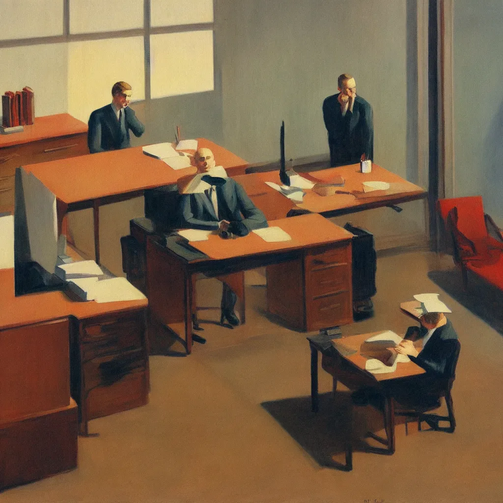 Prompt: painting of a man, sitting at his desk alone, in a huge office, in the style of edward hopper