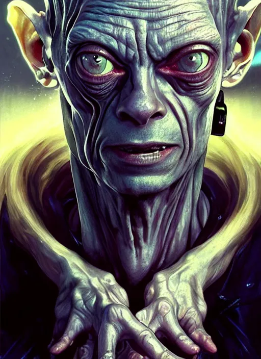 Prompt: portrait of gollum as a character in Cyberpunk 2077, looking at camera, intricate, elegant, sci-fi, extremely detailed, digital painting, artstation, concept art, smooth, sharp focus, illustration, ambient lighting, incredible art by artgerm and greg rutkowski and alphonse mucha and simon stalenhag