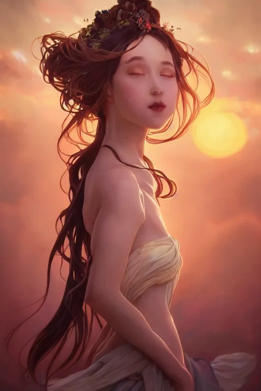 Image similar to 3 / 4 portrait dancing in the sunset a seductive meditation goddess in the style of artgerm, wlop, greg rutkowski, alphonse mucha and ayami kojima, realistic details, volumetric lighting, very very very very beautiful symmetrical face, trending on artstation, artstationhd, artstationhq, unreal engine, 4 k, 8 k