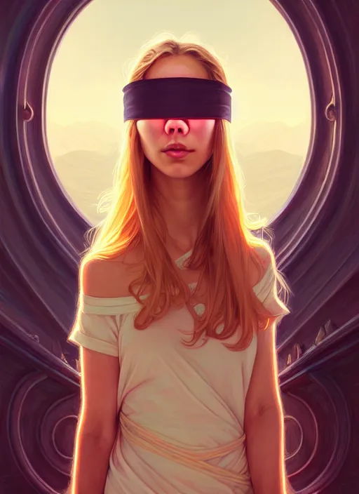 Image similar to blindfolded handsome young women with shoulder length blonde hair, symmetrical, half body shot, path traced, highly detailed, high quality, digital painting, alena aenami, lilia alvarado, shinji aramaki, karol bak, alphonse mucha, tom bagshaw