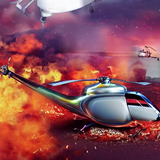 Prompt: a crashed helicopter next to a giant fried chicken, 8k resolution, amazing detail